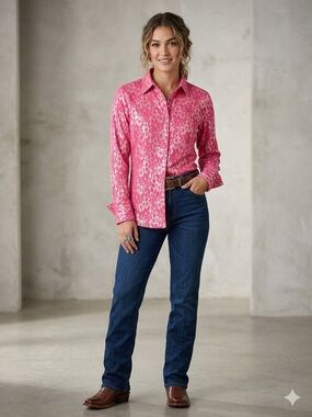Wrangler Western Pink Lace Metallic Snap Front Shirt - Large - Y2K Glam